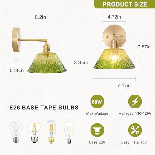 Image of Wall Sconces Set of Two Hardwired, Vintage Wall Light with Gradient Green Glass Lampshade, Bathroom Wall Sconces with Switch, Gold Wall Light Wall Decor Set of 2