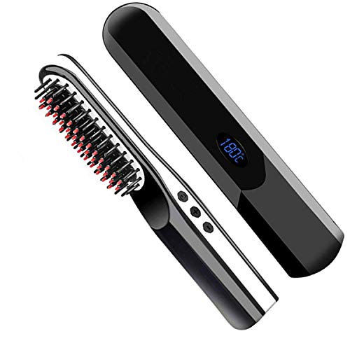 Beard Straightener, Beard Straightener Brush Comb Hair Straightener Brush for Men & Women, USB Rechargeable 2 in 1 Beard Comb Straightener, Portable Cordless Beard For Travel, Black