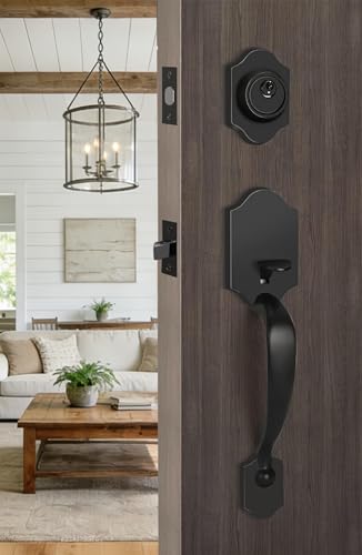 Image of Haidms Matte Black Front Door Handle and Deadbolt Set, Front Door Lock Set, Weather Resistant Entry Door Locksets with Deadbolt Single Cylinder, Exterior Door Handle with Reversible Handle Lever