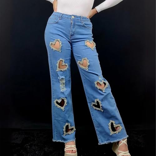 Women's Y2K Straight Leg Jeans High Waist Heart Cutout Rhinestone Baggy Trousers2