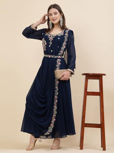 Image of Women's Embroidered Maxi Fit Flared Ethnic Sharee Dress Gown.