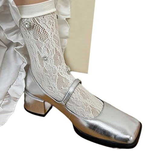 Calcetines de malla de encaje al tobillo con diamantes de imitación dulces calcetines de becerro transparentes para estudiante, niña, tubo medio, ropa de calle, calcetines de tobillo dulces
