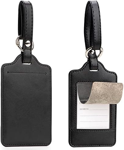Luggage Tags for Suitcases Handbags Backpacks, Travel Accessories PU Leather ID Labels with Full Privacy Cover 2 Pack, Black
