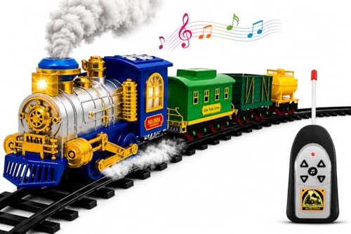 Image of R /C Train Set for Boys with Real Smoke, LED Lights & Music | 2.4GHz Remote Control Toy Train with Engine, Passenger Coach, Tanker Wagon, 12 Track Pieces, C-Type Charging & Water Dropper
