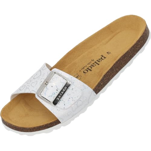 Palado Pantoletten Damen Malta EGS Love by Sila Sahin - modische Sandalen Made in Spain - bequeme Hausschuhe mit Kork-Fußbett - elegante Sommerschuhe Weiß UK7 - EU40