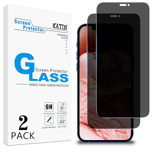 [2 Pack] KATIN Privacy Screen Protector for iPhone 12, iPhone 12 Pro Anti-Spy Tempered Glass Film, Anti-Scratch, Case-Friendly
