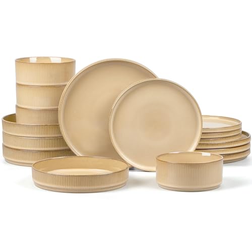 E-far 16 Piece Dinnerware Sets, Plates and Bowls with Pasta Bowls Service for 4, Modern Stoneware Ribbed Dishes for Kitchen Dining, Microwave & Dishwasher Safe, Caramel Khaki