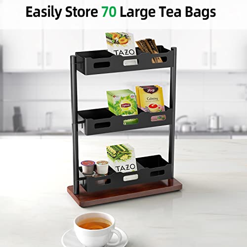Tea Bag Organizer 3 Tier Tea Storage, Bethom Solid Wood Tea Bag Holder Holds 70 Tea Bags, Vertical Tea Organizer For Countertop, Cabinet, Kitchen, Office, Tea Bag Packets, Black #TOP2