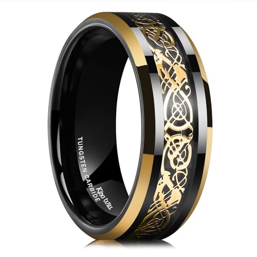 Bague en tungstène King Will avec dragon celtique et alliance or noir de 8 mm