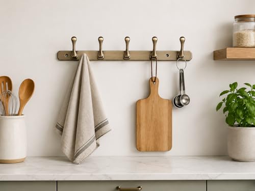 Image of ELUVIA Zinc Alloy 6 Hook Wall Hook Rail, Heavy Duty Wall Mounted Coat Hook for Clothes, Towels, Keys & Bags, Antique Brass Finish, Bathroom Kitchen Bedroom Organizer (Pack of 1)