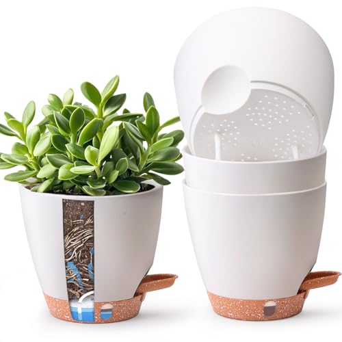 T4U 15cm Self Watering Plant Pots Indoor 4 Pack Water Level Indicator & Deep Reservoir Mess-Free Planters for Busy Homes and Beginners Suitable for Herbs and Pothos Sheltered Outdoor Use(White)