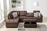 Merax Reversible Sectional Sofa Set with 2 Outlets & USB Ports, L-Shaped Couch with Storage Ottoman Cup Holders and 4 Pillows, Chocolate