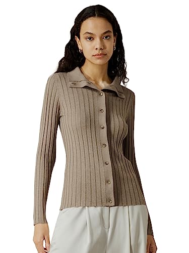 LilySilk Ribbed Silk-Cashmere Blend Cardigan for Women Lapel Collar Long Sleeve Button Front Slim Fit Sweater Ladies