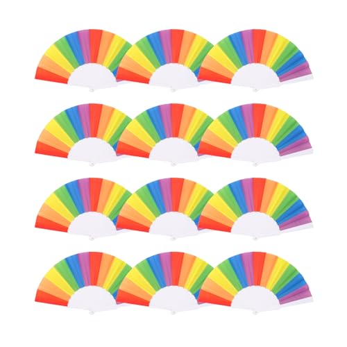 H.U.S.L® Pack 12 Abanicos Plástico 23 CM, Abanicos para Eventos, DETALLES PARA LOS INVITADOS, REGALOS DE BODA, FIESTAS, COMUNIÓN O BAUTIZO, REGALOS COMUNIÓN PARA INVITADOS (Arcoíris, 12 PIEZAS)