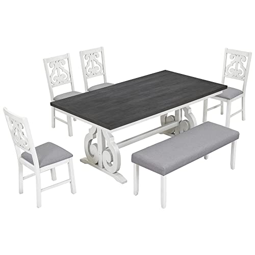 Fanye Wooden Farmhouse Style 6-Piece Upholstered Dining Furniture Sets Include 1 Table, 4 Cut-Out Chairs With Soft Cushions And Padded Bench For Home Apartment Kitchen & Dining Room,Gray+White #TOP7