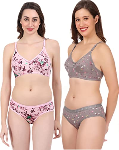 Image of Women Non Padded Wirefree Pure Cotton Printed Multicolor Bra & Penty Set 2 Pack Combo