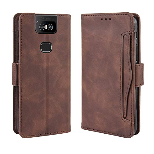 Jiajihua Funda Compatible con ASUS Zenfone 6 ZS630KL / Zenfone 6z [Ranura Doble para Tarjetas][Soporte abatible][Funda para teléfono][Cierre magnético] Cartera Brown