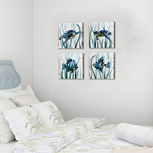 Coastal Wall Art Beach Sea Turtle Fish Canvas Pictures Bathroom Wall Decor Nautical Themed Rustic Teal Ocean Animals Painting For Living Room Kids Bedroom Nursery Artworks Home Decoration 12X12" 4 Pcs #TOP5