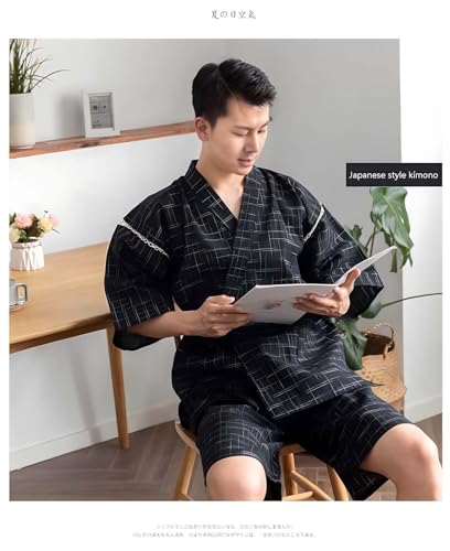 ZEALMAX Japanese Style Kimono Pajamas Shirt and Shorts Suit, Unisex Cotton Linen Loungewear Lounge Set Spa Bathrobe Casual Clothes Multicolor2