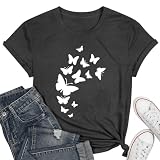 Butterfly T-Shirts for Women - Butterfly and Flowers Print Casual Short Sleeve Top for Insect Lovers