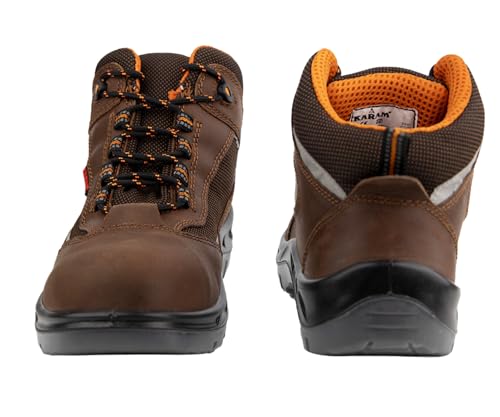 Image of Karam FS65 Brown Leather Safety Shoes for Men with Orange Lining | Double Density with Steel Toe | Antistatic, Antislip, Oil & Heat Resistant
