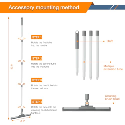 Image of Floor Squeegee for Concrete Floor, Long Handle Shower Squeegee, Squeegee Broom, Magic Air Broom, 14'' Rubber Blade,52'' Extension Pole, for Shower Glass Doors, Bathroom Tile, Pet Hair, Window