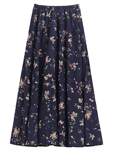 Mujer Lino Algodón Floral Maxifalda Falda Larga con Bolsillos Laterales Cintura Elástica Falda de Lino Boheme Retro Vintage Longitud 90cm - Falda Azul Oscuro con Flores Blanco Estampadas C108