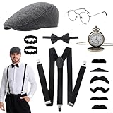Purpledi Set Accessori Anni '20 Uomo, Gatsby Gangster Costume Accessori, 13 Pezzi - Cappello Panama, Orologio da Tasca Vintage, Papillon, Bretelle Y-Back, Baffi, Ideale per Carnevale, Festa e Natale