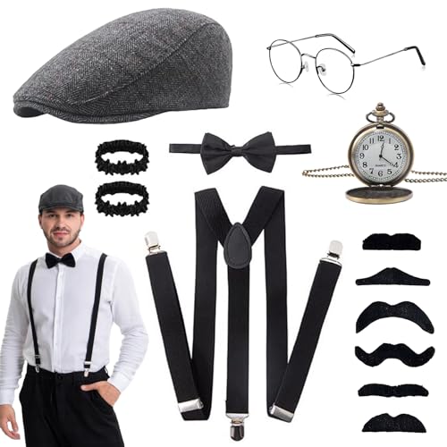 Purpledi Disfraz Años 20 Hombre, Accesorios Gatsby 1920s con Sombrero de Panamá, Tirantes Ajustables, Reloj de Bolsillo, Pajarita y Bigote Falso, para Carnaval y Halloween