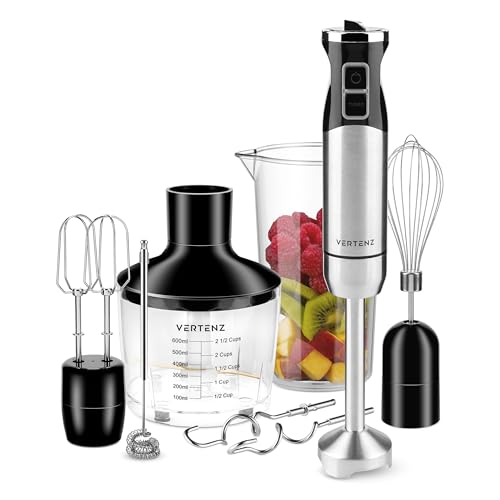 VERTENZ Titan 50 Stabmixer elektrisch, Mixstab aus Edelstahl, Rührstab mit Schneebesen und Knethaken, Mix- und Messbecher 860 ml, Zerkleinerer 600 ml, 1400 W, 8 Stufen mit Turbo, Schwarz