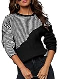 Sidefeel Sweaters for Women Long Sleeve Crewneck Trendy Striped Color Block Fall Clothes Casual Loose Knit Tops Black Large