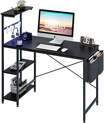 Bestier Computer Desk with LED Lights, Gaming Desk with 4 Tiers Shelves, 44 Inch Office Desk with Storage Bag & Printer Shelf (Black Grained)