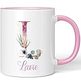 JUNIWORDS Tasse, Lavie, Name Anfangsbuchstabe Initial Alphabet Floral Buchstabe L Monogramm Motiv, Rosa (5520538)