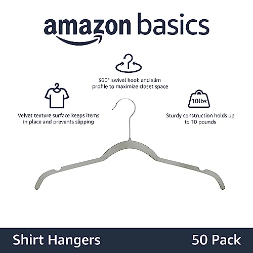 Amazon Basics Kleiderbügel für Hemd / Kleid, mit Samt überzogen 50er-Pack, Grau – Ansicht 2
