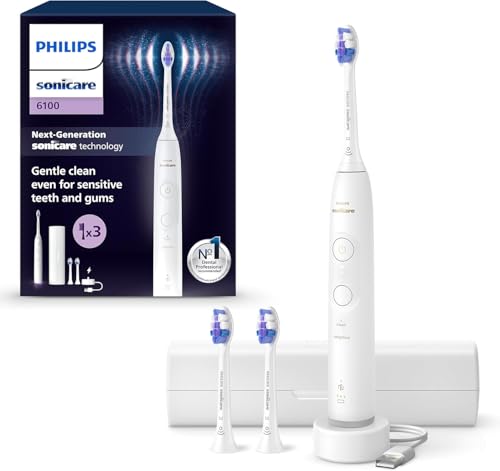 Philips Sonicare 6100 Sonic Electric Toothbrush with 2 Brushing Modes and 3 Intensity Levels, Pressure Alert, EasyStart, SmarTimer and BrushPacer, Travel Set, White, HX7400/02