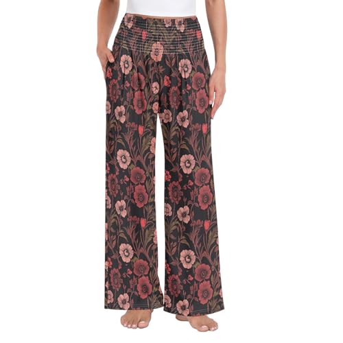 Pantalon large bordeaux à fleurs idéal pour le yoga et le travail