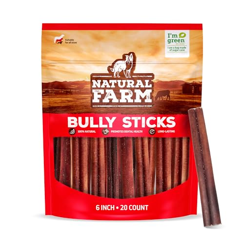 Natural Farm Odor-Free Bully Sticks (6 Inch, 20 Pack), 100% Beef Chews for Pups, Small and Medium Dogs, Non-GMO, Grain-Free, Fully Digestible, Natural Treats to Keep Your Dog Busy