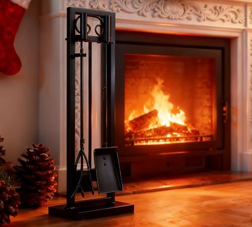 Kingson 5-Piece Fireplace Tool Set – 30.5" Black Scroll Design Heavy Duty Fireplace Accessories for Indoor & Outdoor Wood-Burning Fireplaces, Fire Pit Tools