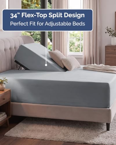 Image of Extra Deep Flex Top Split Head King Fitted Sheet - Hotel Luxury Single Fitted Sheet Only - Easily Fits 18 inch to 24 inch Mattress - Ultra Soft, Wrinkle Free w /Extra Deep Pockets - Steel Blue