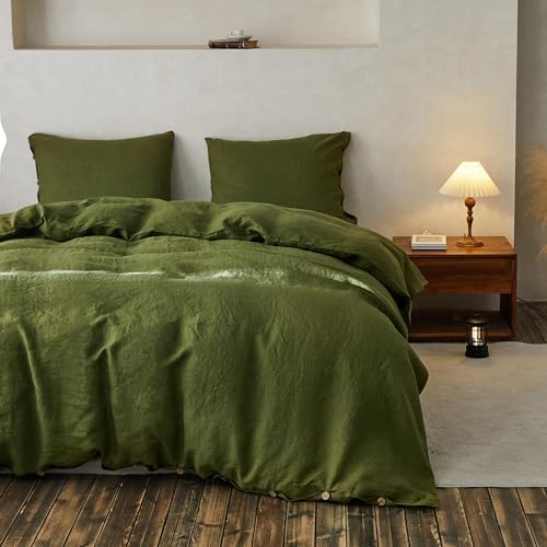 Simple&Opulence Belgian Flax Linen Duvet Cover Set 3pcs (King, Olive Green)