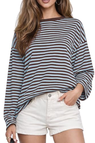CHYRII Womens Oversized Striped Long Sleeve Casual T Shirt (Blue+Coffee M)