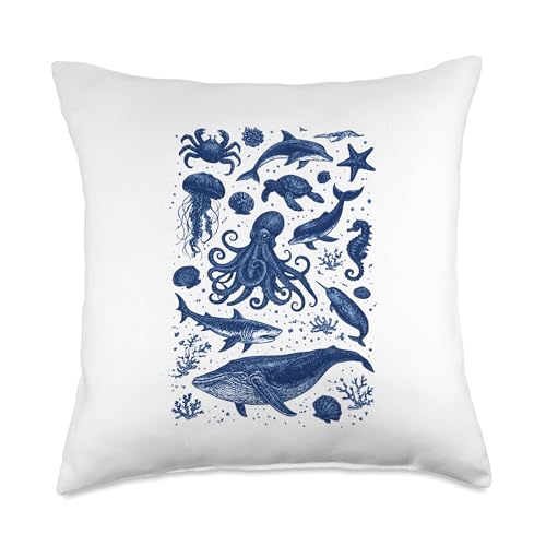 Ocean Life Vintage Marine Animals Retro Aesthetic Throw Pillow