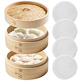 21cm Bambus Dampfgarer: 2 Etagen Bambusgeflecht Bambusdämpfer, vielseitig Asiastischer Dampfkorb, Dumpling Steamer mit 4 Baumwolltüchern für Reis, Gemüse, Dim Sum, Dumpling
