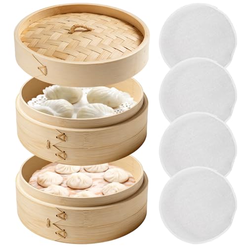 Cuiseur vapeur en bambou de 21 cm : 2 étages en bambou tressé, panier vapeur asiatique, polyvalent avec 4 chiffons en coton pour riz, légumes, dim sum, dumpling
