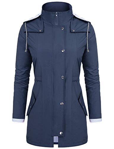 Audiano Rain Jackets Women Lightweight Raincoat Striped Lined Waterproof Windbreaker Active Outdoor Hooded Trench Coats Blue M #TOP1