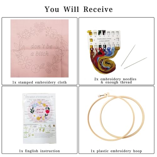 Image of Nuberlic Funny Embroidery Kits for Beginners, DIY Cross Stitch Starter Kit for Adults Including Cloth with Pattern, Hoop, Needles Instruction and Threads