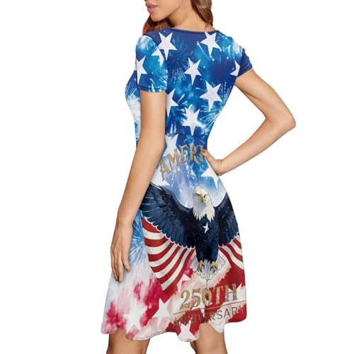 Image of POLERO Women Puffy Swing Elegant Party Midi Dresses Short Sleeve Round Neck A-Line Dress