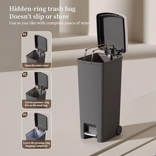 Image of WanWanKa Kitchen Trash Can with Lid,45L /12gallon Lagre Commerical Silcent-Close Lid Grabage Can Wheeled,Hands Free with Step On Foot Pedal Wastebasket,Back of Home,Garage Tall Trash Can,Dark Grey