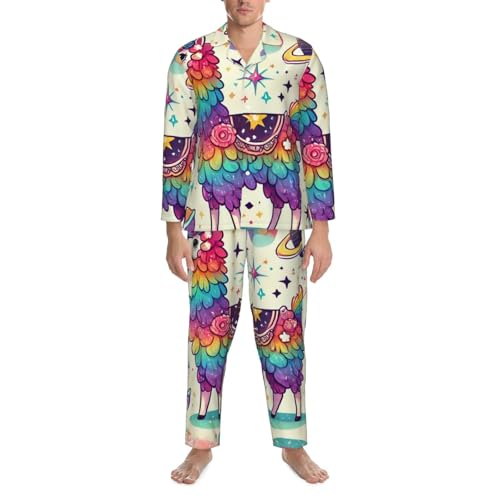 Mens Long Sleeves Pajama Set Space Rainbow Llamacorn Cozy Two-Piece Loungewear For Nighttime Comfort,Casual Wear4