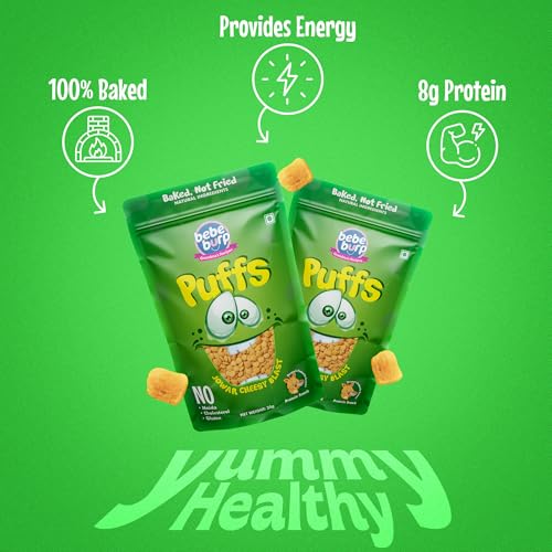 Image of BE'BE' BURP Healthy Puff Snacks | Jowar Cheesy Blast | Baked Puffs, Not Fried, Protein Snacks | No Maida & Gluten-Free | Travel-Friendly | 35gms Each (Pack of 4)
